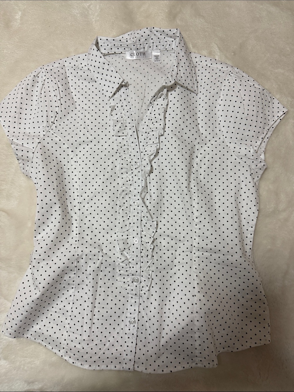 White Polka Dot Ruffle Button-Down Blouse